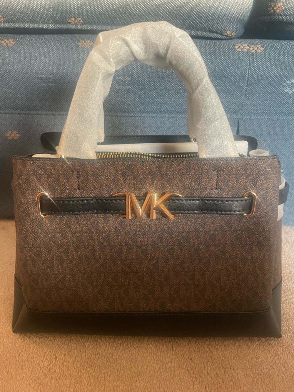 Nwt Michael Kors Brown And Black Mk Logo Satchel With Gold Hardware